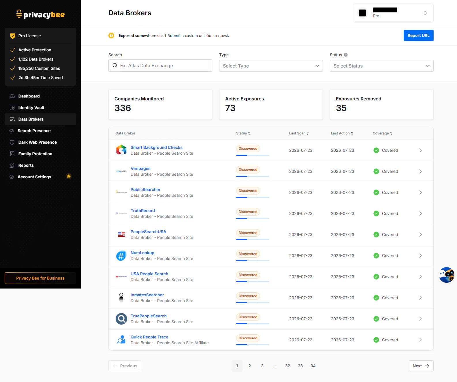 Privacy Bee Data Brokers page showing 336 companies monitored versus 1,122 claimed in sidebar