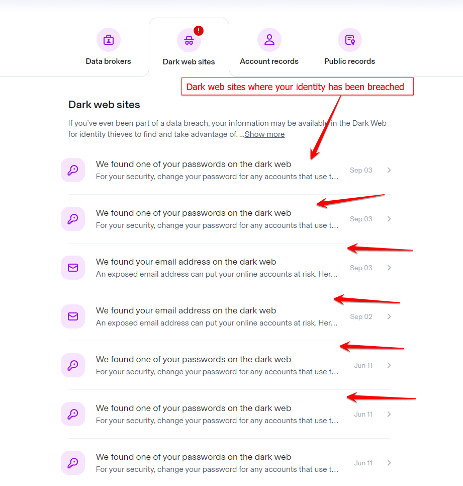 Aura Dark Web Monitoring Alerts