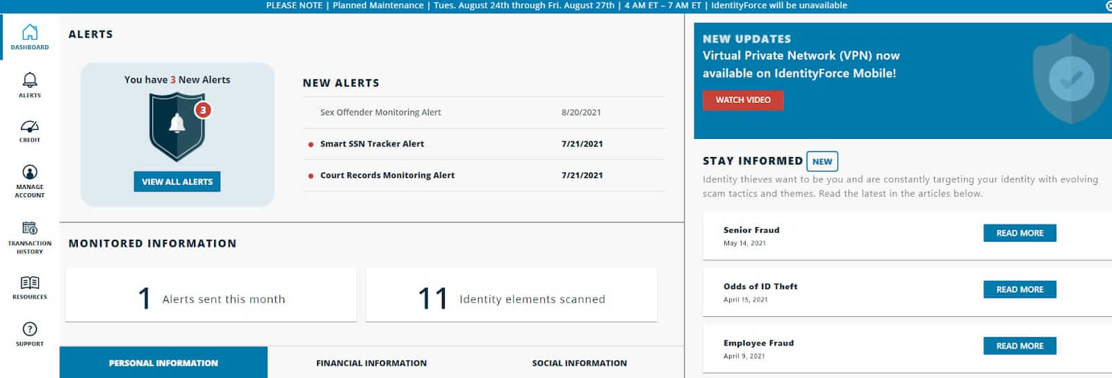 IdentityForce Dashboard